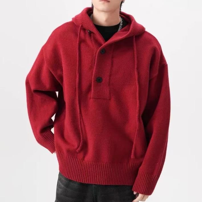 Men's Deep Gray Heavyweight Hooded Henley Pullover Knitwear - Autumn/Winter High-End Outerwear