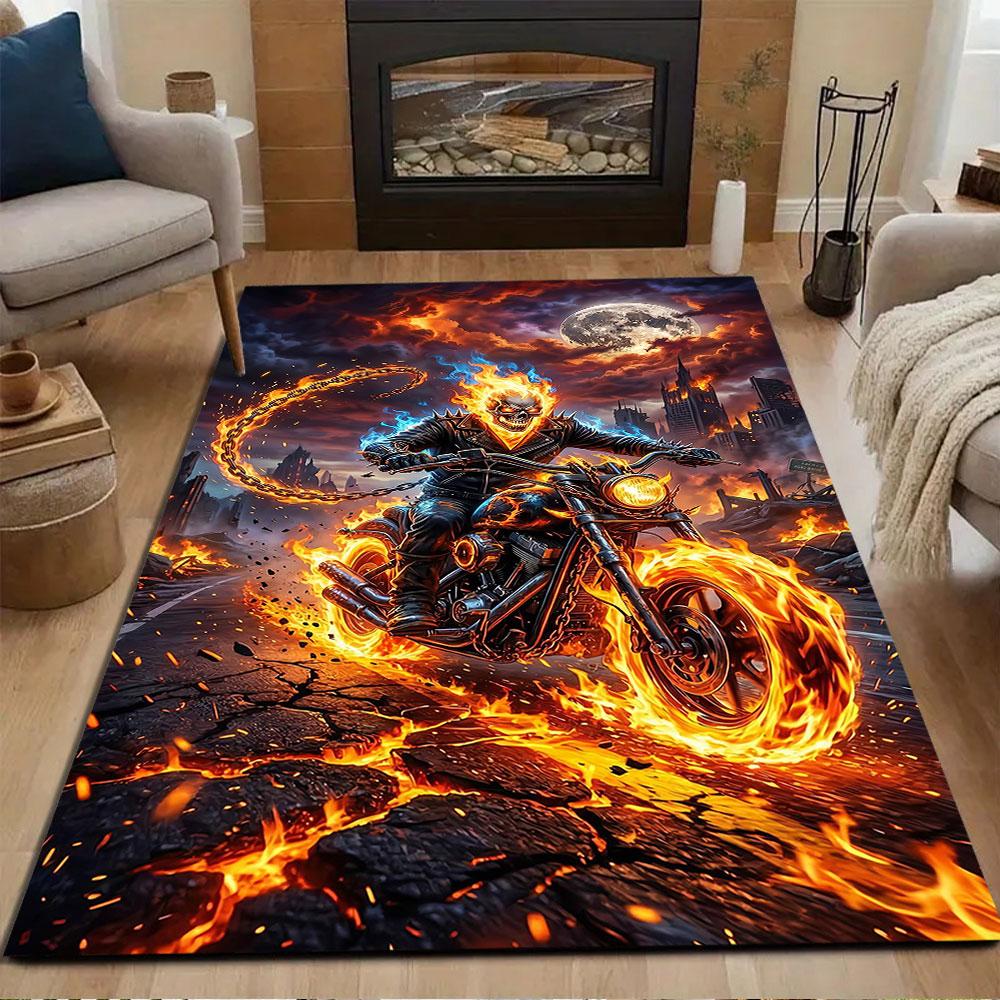 Fiery Skull Rider Adventure Patterned carpet, non slip mat suitable for living room and bedroom sofas