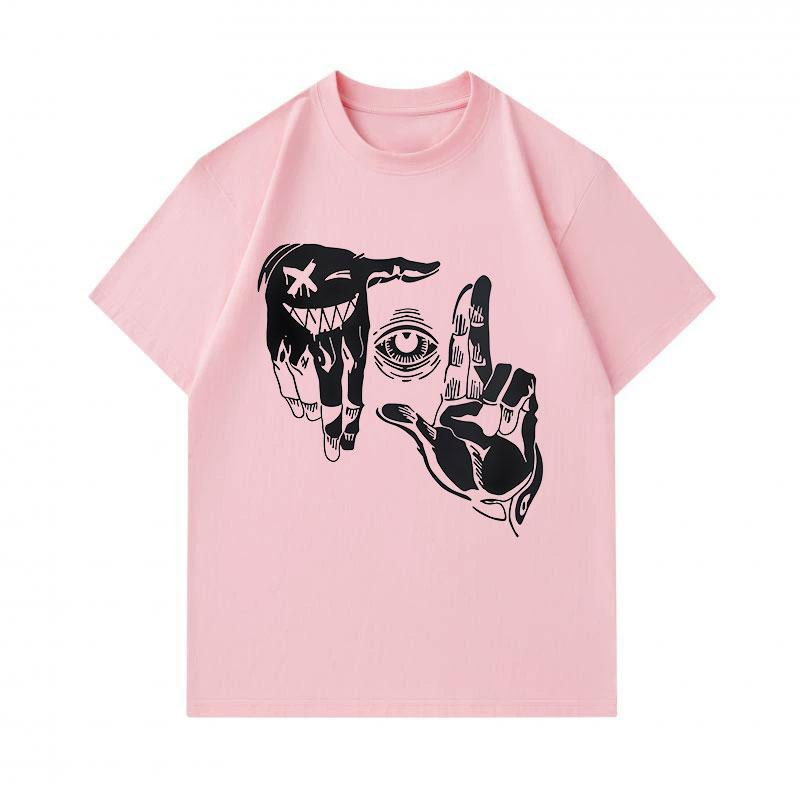 Men's 100% Cotton Short Sleeve O-Neck T-shirt, Creative Hand Gesture One Eye Weird Art Print Casual Comfortable Lightweight Daily Wear Graphic Tee for