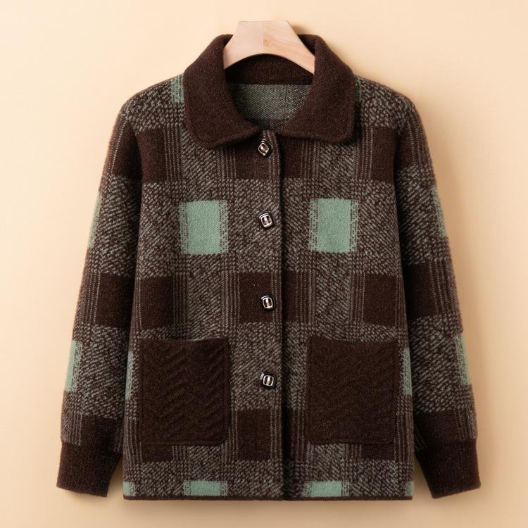 Mom Dress Stylish Lapel Knitted Jacket for Women In Spring and Autumn New Loose Plaid Cardigan Grandma Thick Top