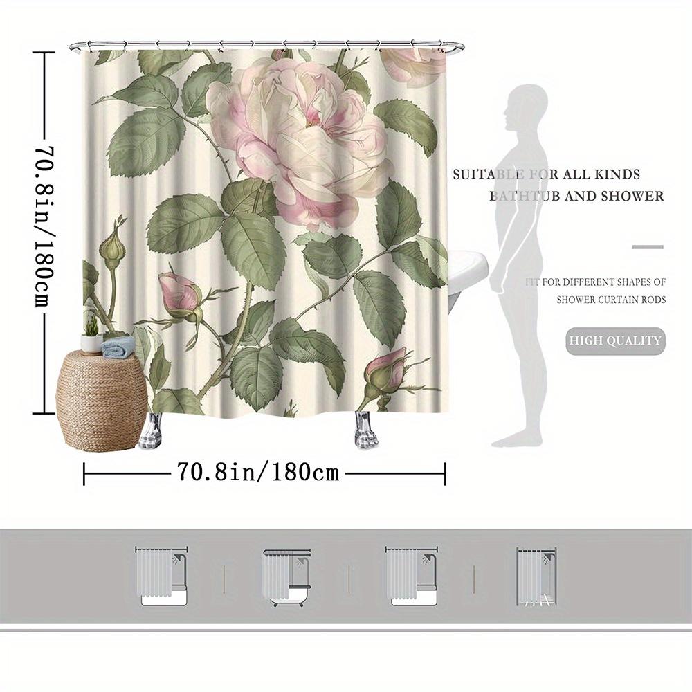 Elegant Pink Floral Shower Curtain, Vibrant Rose & Green Leaves Design, Perfect for All-Season Bathroom Decor