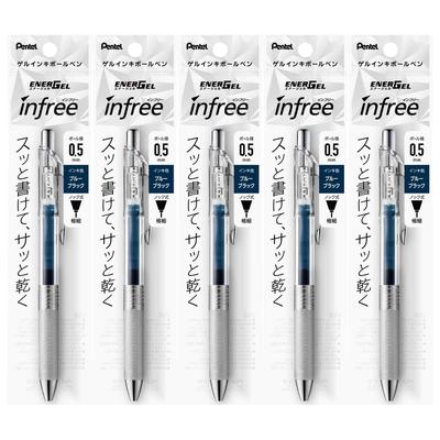 Pentel Ballpoint Gel EnerGel Clear 5 Pens Pens, Ink, Infree, 0.5mm, Barrel, Blue-Black, XBLN75TL-CA,