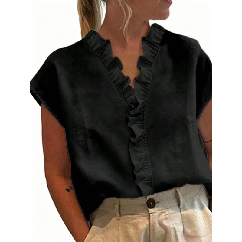 JPNTKY Women's Fashion Casual Solid Color Print V-Neck Short Sleeve Blouses & Shirts