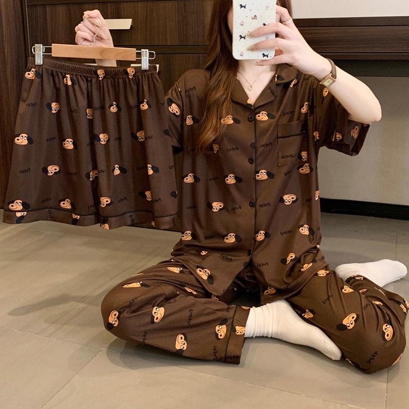 Coffee Puppy Style Premium Pajamas Women'S Summer Homewear Casual Comfort Short Sleeve Three-Piece Set