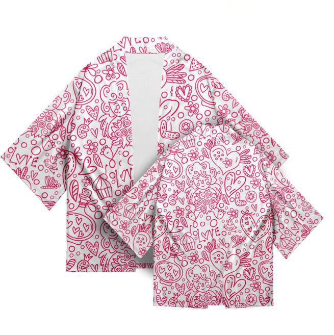 

Летние этнические японские топы с 3D-принтом в виде сердца для взрослых, кимоно унисекс