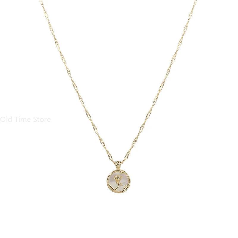 New Vintage Rose Pendant Stainless Steel Necklace for Women Irregular Round Shell Metal Clavicle Chain Party Jewelry