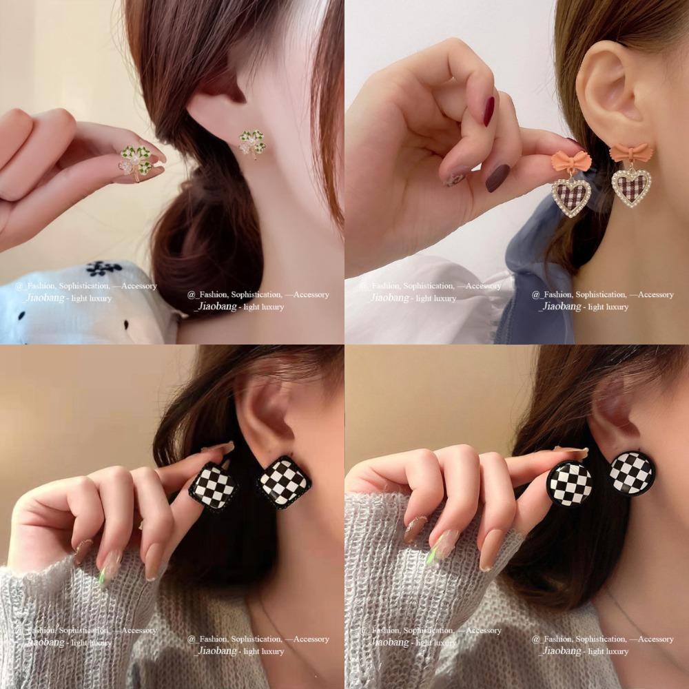 Silver Needle Korean Version Elegant Black and White Plaid Earrings