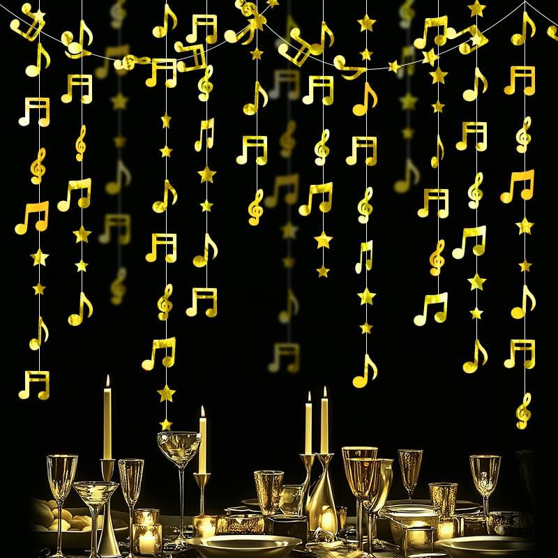 Gold Shimmering Musical Note Star Hanging Garland Gold Music Theme Party Hanging Backdrop Ceiling Decor for Birthday Baby Shower Party Concert