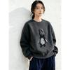 Loose Lazy Wind Vintage Fleece Thickened Dark Grey Penguin Print Crew Neck Sweater Women's Winter