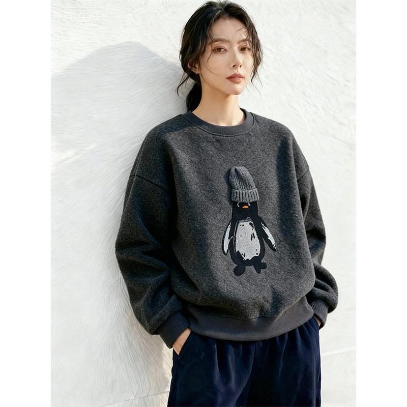 Loose Lazy Wind Vintage Fleece Thickened Dark Grey Penguin Print Crew Neck Sweater Women's Winter