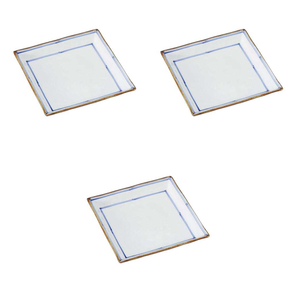 Set of 3 16cm Square Plates with Rusty Rim and Two Stripes x x Ceramic Square Plates by Setomonohonpo [16.5 16.5 3cm]