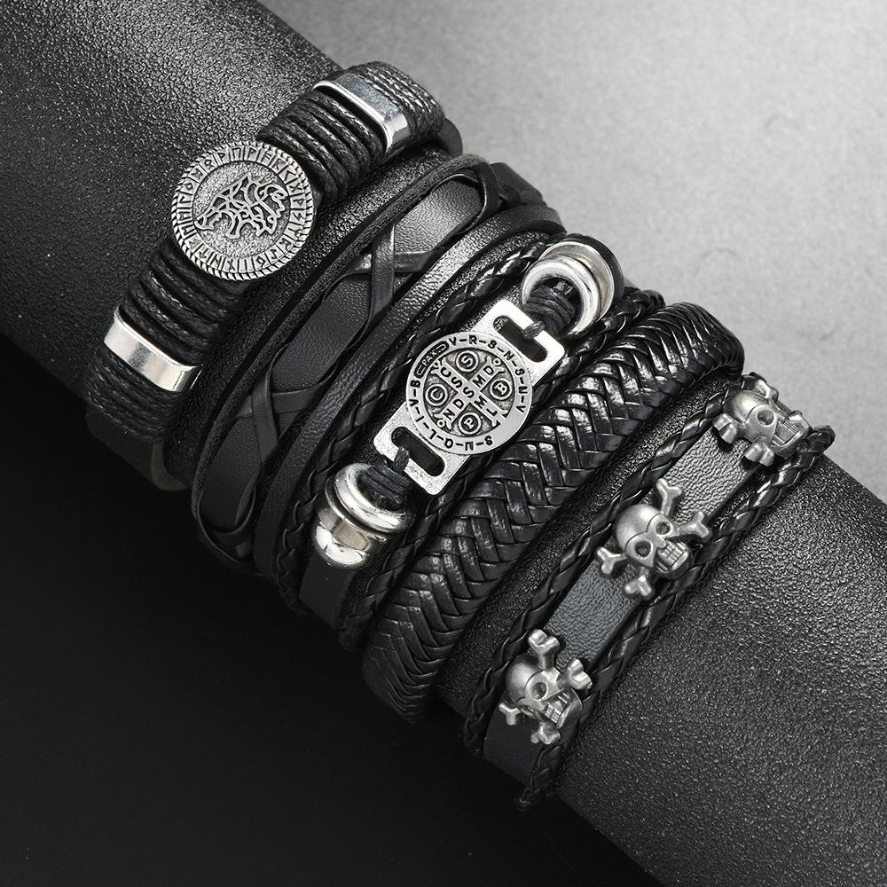 Cross-border New Punk Style Cross and Skull Bracelet, Men's Fashion Imitation Leather Wolf Head Accessories