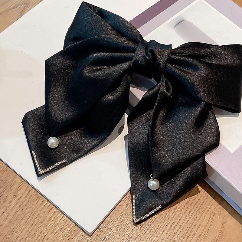 Korean Style Bow Hair Clip with Long Pearl and Multi-Layer Satin for Women.