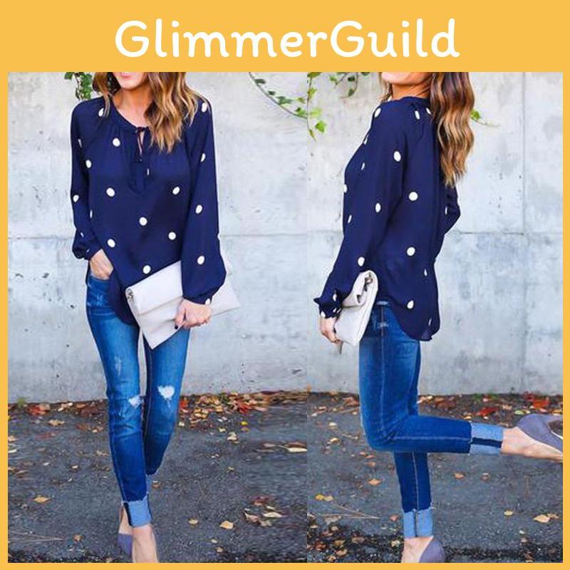 Versatile Woman O Neck Long Sleeve Casual Polka Dot Blue Bodycon Shirt Blouse For Any Occasion