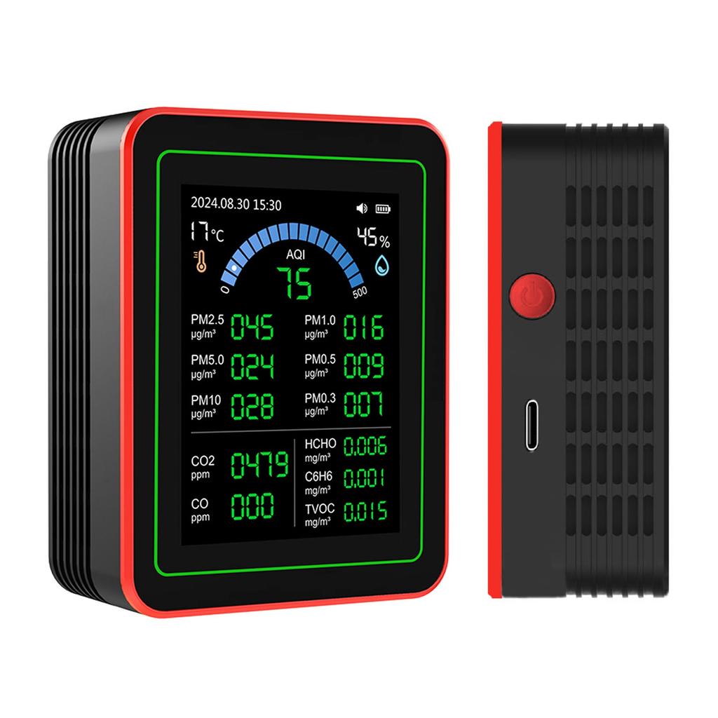 Air Quality Meter 18 In 1 CO2 TVOC HCHO PM2.5 PM10 Temp Humid Detect Tester Indoor Battery Powered Data Storage Black