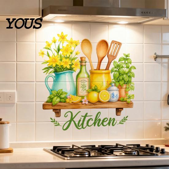 Adesivi Murali in PVC, Adesivi per Cucina ad Acquerello, Pianta Verde Limone Teiera Auto?Adesivi Decorativi, Materiali per Ristrutturazione Casa, Decorazione Impermeabile per Fornelli