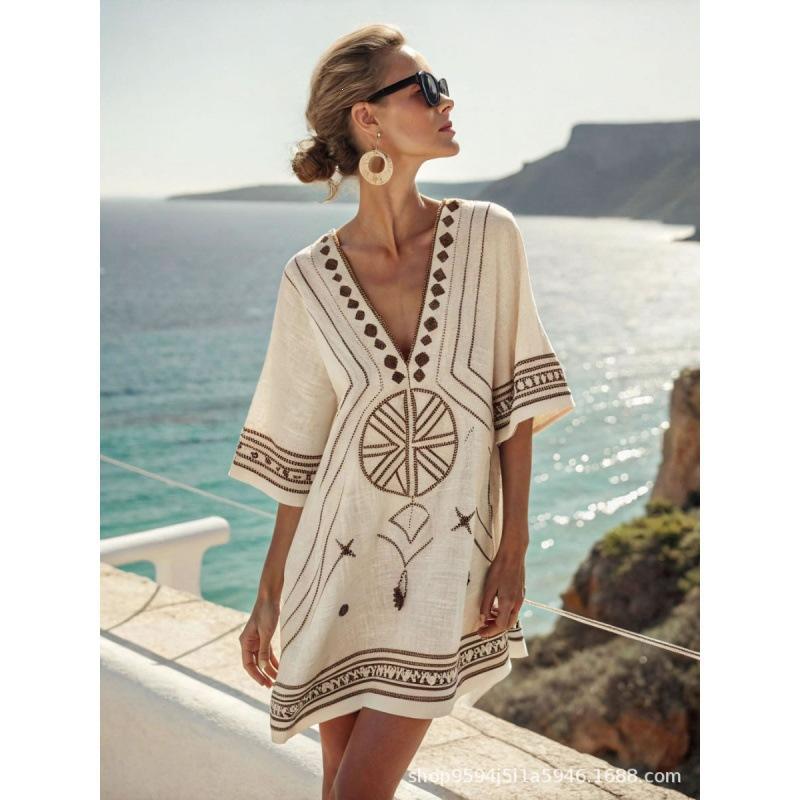 2026 women's V-neck dress seaside vacation 3D printing loose skirt beach