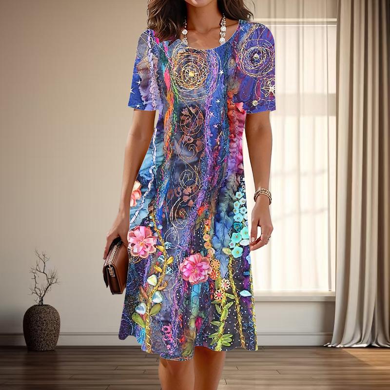 

Женская мода изящный цветочный принт лето весна короткий рукав О-образный вырез повседневные платья XS синий