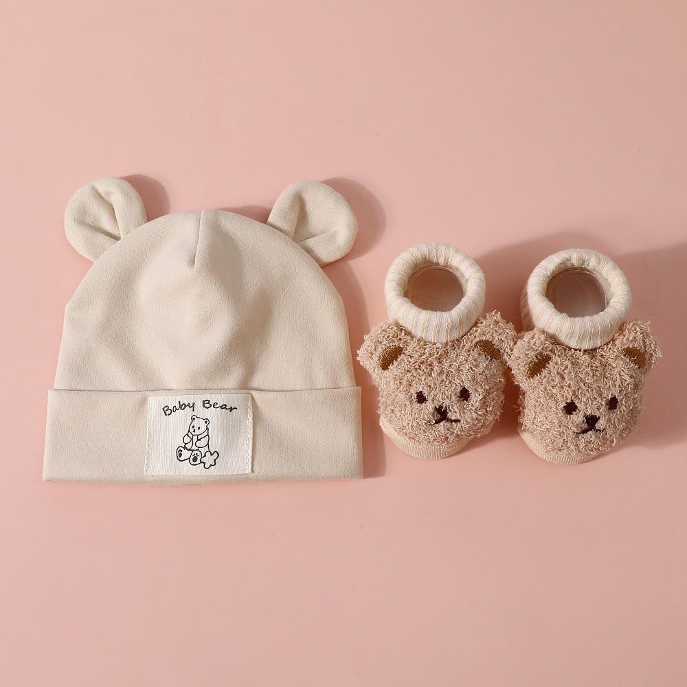 2Pcs/Set Soft Bear Ear Beanie Cotton Baby Turban Socks Cute Baby Hat Socks Set Autumn Winter