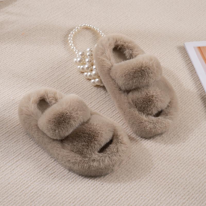 Children's Slippers Girls Open Toe Plush Fur Shoes Kids Soild Warm  Indoor Non Slip Rubber BottomMulti-style Cotton Slipper