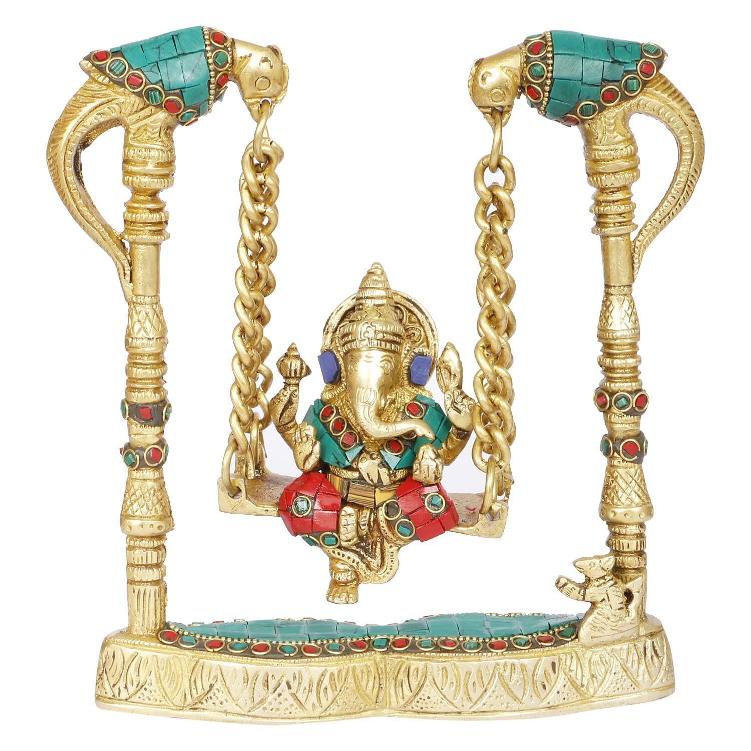 Ganesha On Swing Statue, Ganesh Jhoola With Two Parrot Holding Chain- 8 Inch