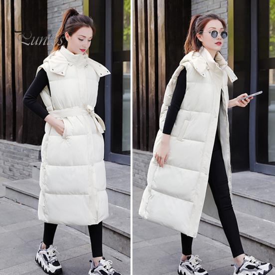 Winter Women Waistcoat Thickened Padded Zipper Closure Hooded Loose Fit Adjustable Waist with Belt Sleeveless Solid Color Windproof Heat Retention