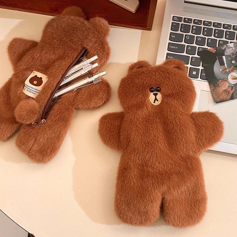 Cute Brown Bear Plush Makeup Bag With Large Capacity For Women And Teens