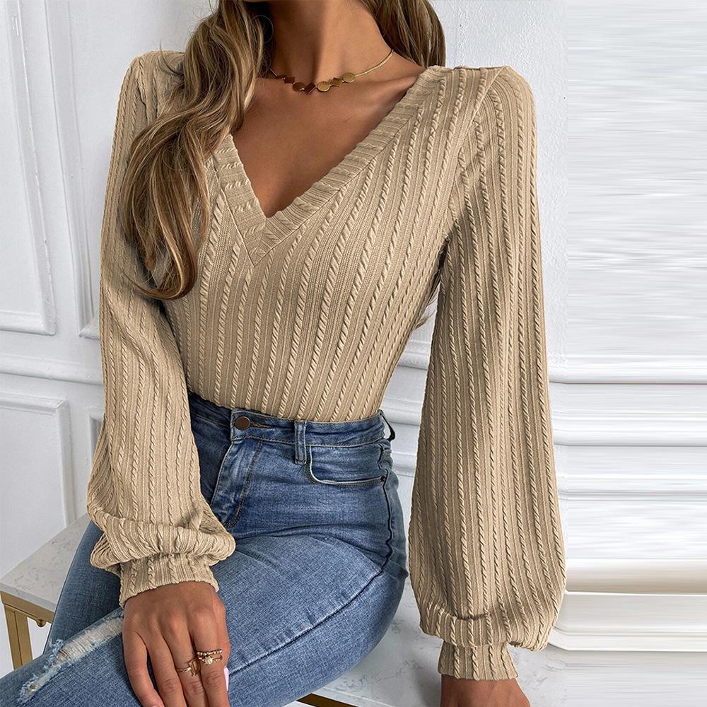 GMXIA Women's Fashion Casual Solid Color Print Autumn Winter Long Sleeve V-Neck Slim Temperament Commuter Twist Knitting T-shirt