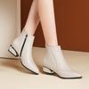 Square Heel Short Boots Casual Leather Ankle Boots for Women Elegant Pointed-toe Splicing Side Zipper Middle Heels Women's Shoes