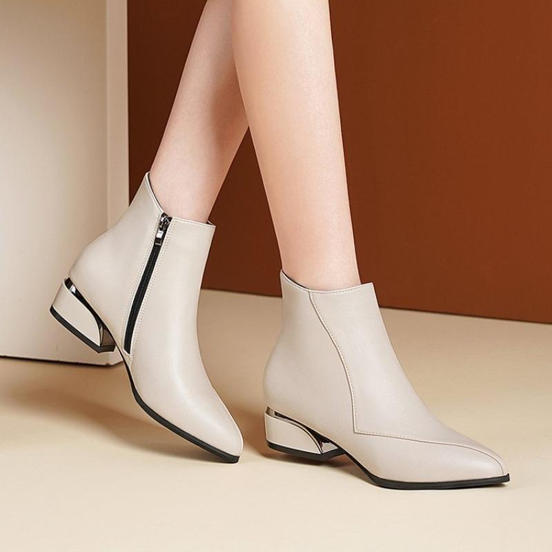 Square Heel Short Boots Casual Leather Ankle Boots for Women Elegant Pointed-toe Splicing Side Zipper Middle Heels Women's Shoes