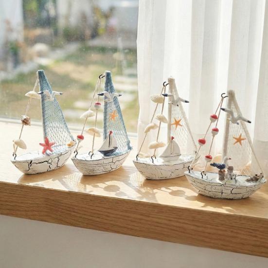 Nautical Wooden Sailboat Models Coastal Beach Style Blue White Ship Tabletop Figurine for Home Living Room Office Farmhouse Decor