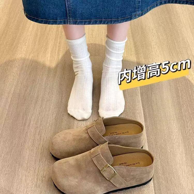 Women's Khaki Closed-Toe Thick-Soled Birkenstock Slippers - Height-Boosting, Ideal for Spring & Autumn