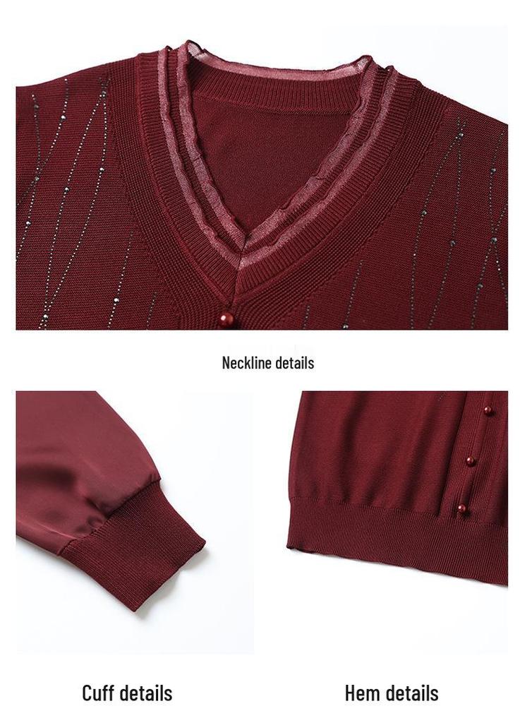 Mom's Spring Knit Top with Gauze Sleeves – Stylish, Age-Reducing Sweater for Middle-Aged and Elderly Women