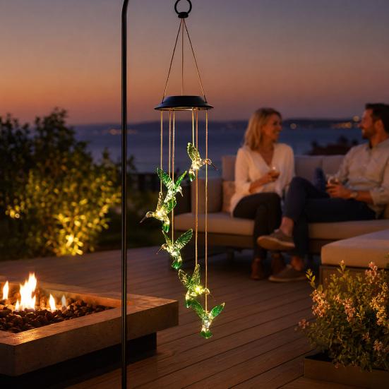 Hummingbird Solar Wind Chime Light, Color Changing Solar Powered Wind Chime, Hanging LED Wind Chime Lamp for Outdoor, Garden, Courtyard Decor
