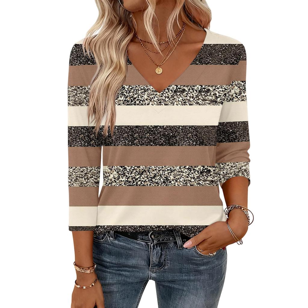 Damskie bluzki z rękawem 3/4, koszulki z dekoltem V, casualowe bluzki, podstawowe t-shirty