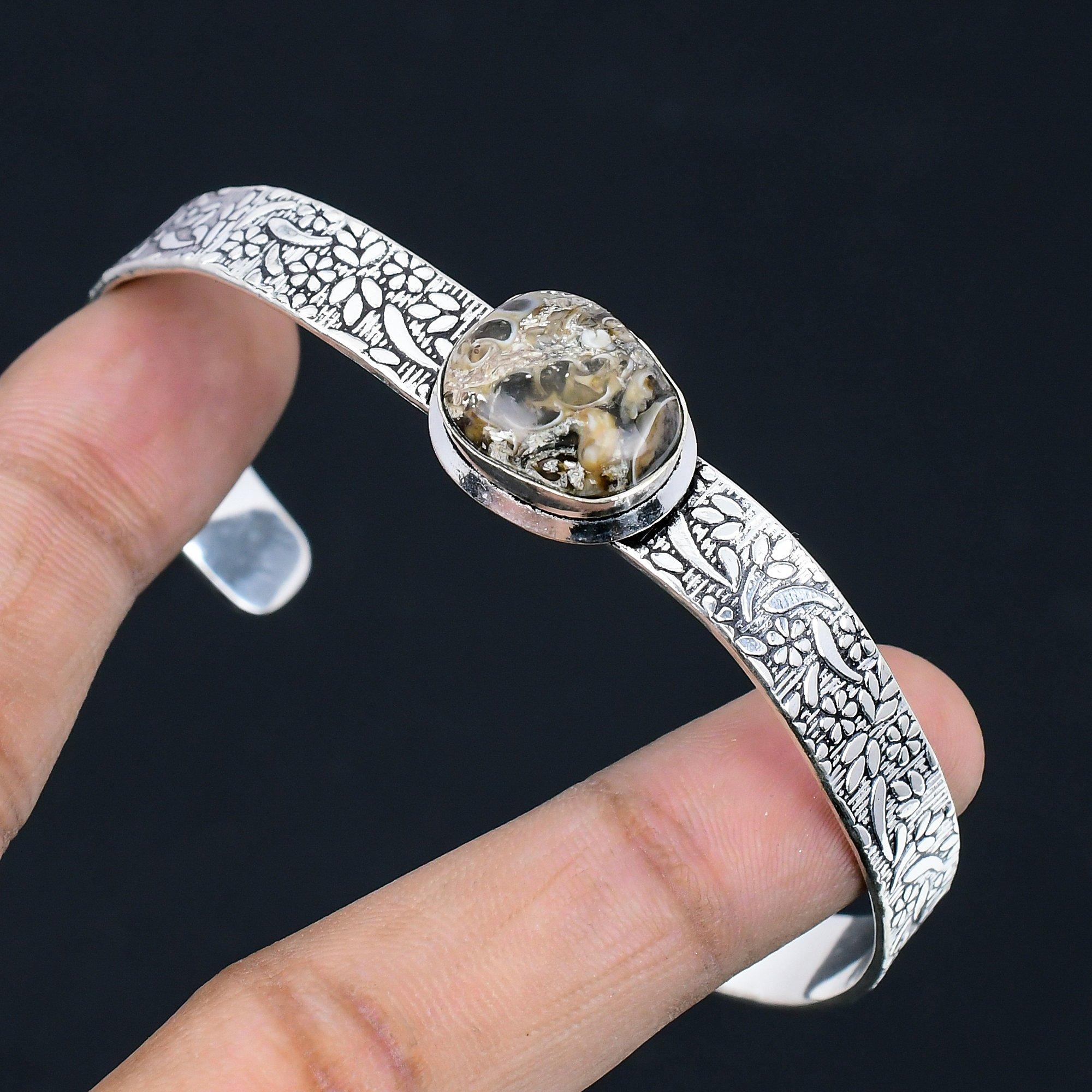 

Halloween Deal Turritella Agate Gemstone 925 Silver Birthday Boho Bangle Jewelry Adjustable