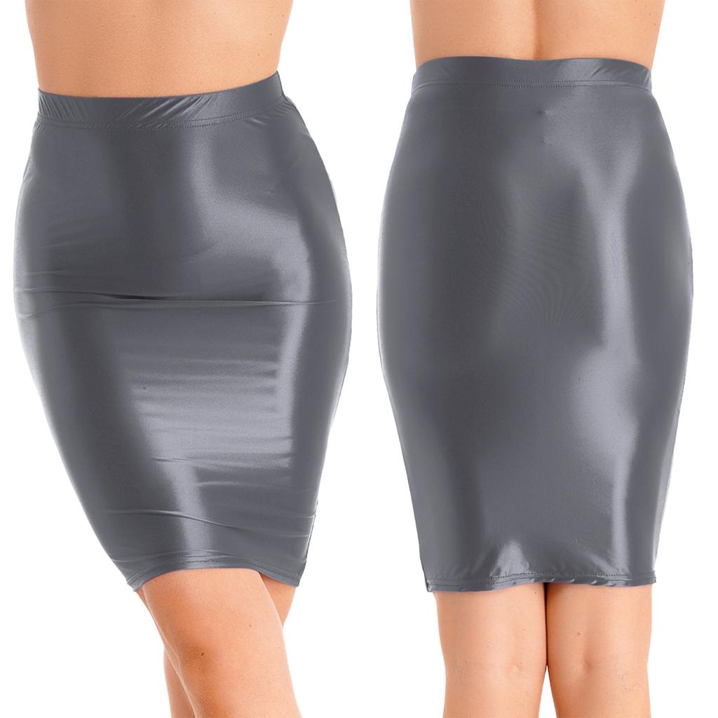 Womens Glossy High Waist Pencil Skirt Stretchy Casual Solid Color Bodycon Skirts