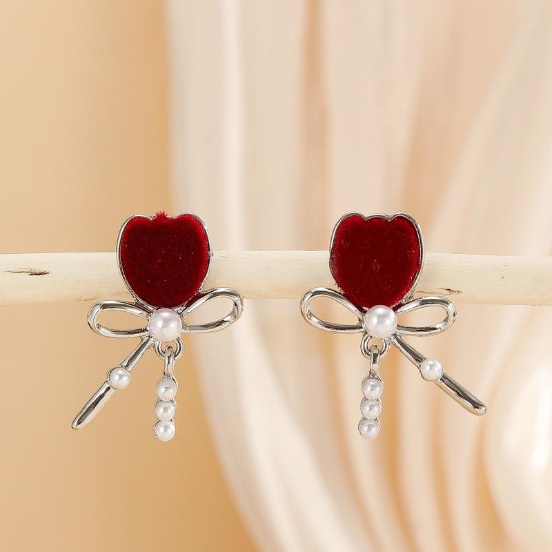 Retro Flocking Rose Bowknot Drop Earrings for Women Girls Imitation Pearl Red Flower Stud Earrings Daily Commute Jewelry Gifts