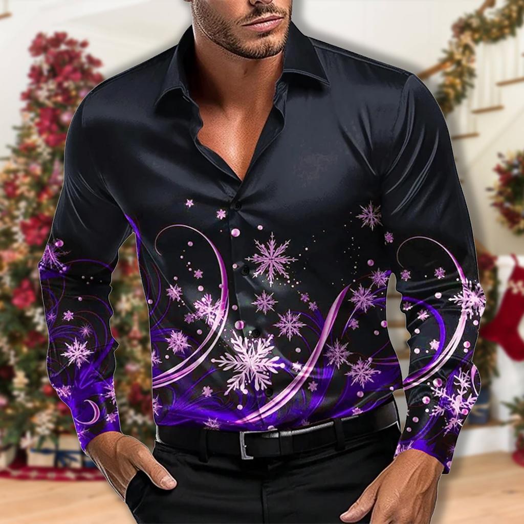 Christmas Men's Christmas Scene Printing Shirt Snow Snow Casual Fashion Lapel Button Long-sleeved Party Autumn Shirt