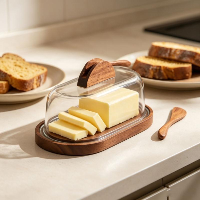 Covered Butter Serving Tray with Wood Base and Acrylic Lid for Counter Placement, Dining Service, and Simple Cheese Presentation Daily