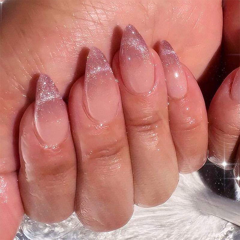 24Pcs Metallic Cat Eye French Sheer 3D Textured Almond Medium Nude Pink Press On Fake Nails