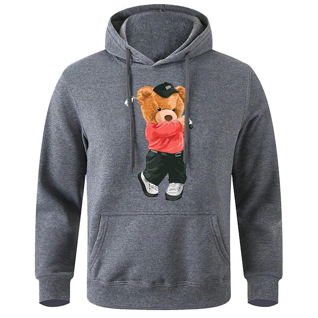 Strýček Teddy Bear hraje golf Potisk Unisex Mikina Velká volná Fleecová tepláková souprava Základní Běžné Sportovní Mikiny Klasické Kreativní Mikiny s kapucí