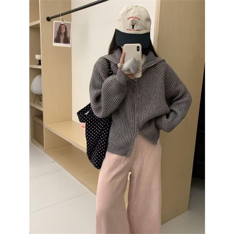 Simple zipper navy collar knitted cardigan women's autumn and winter new niche loose lazy sweater jacket