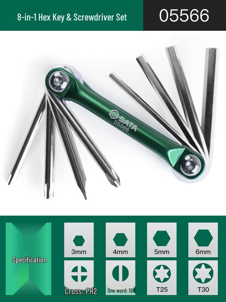SATA Folding Hex Wrench & Screwdriver Set (3/4/5/6/8mm) Multifunctional Tool