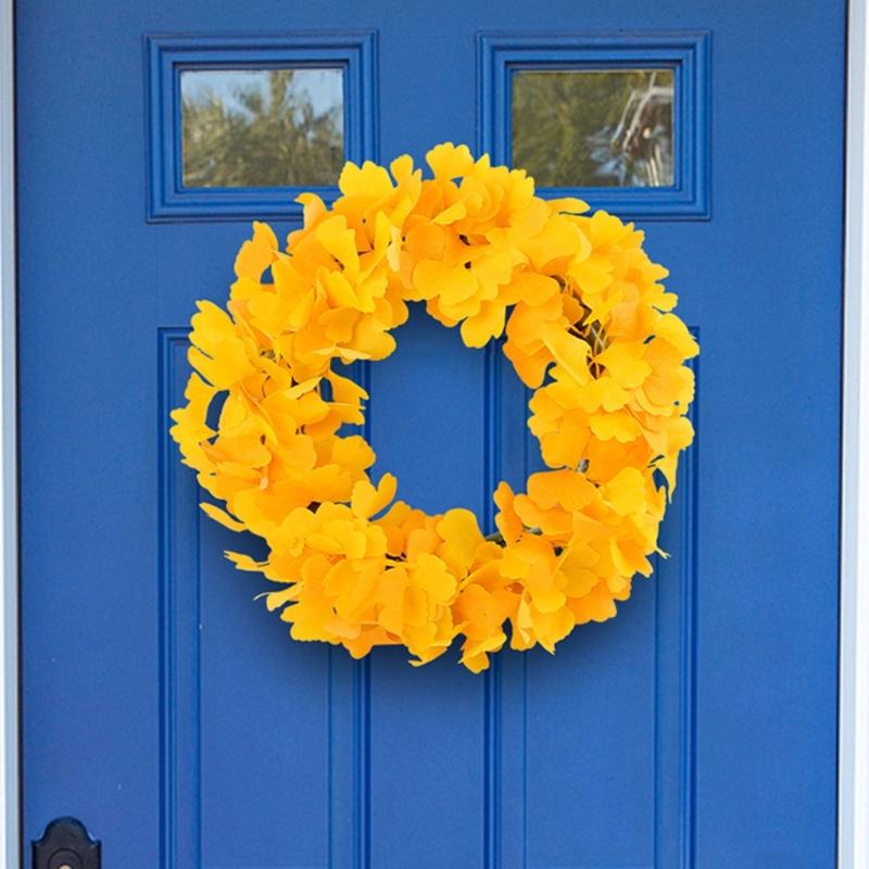 Elegant Thanksgiving Festive Door Decoration 15.75inch Artificial Ginkgo Biloba Leaf Christmas Wreath Fade Resistant