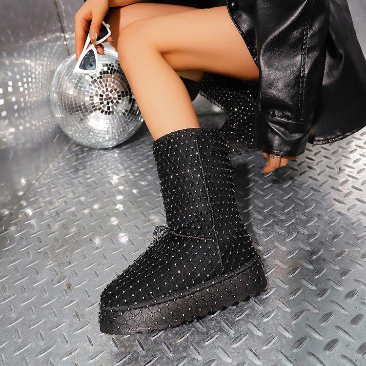 Women's Diamond Gauze Mesh Thick Sole Winter Warm Fur One Snow Boots Padded Lined Ankle Boots Non-Slip Hiking Casual Sports Cotton Boots