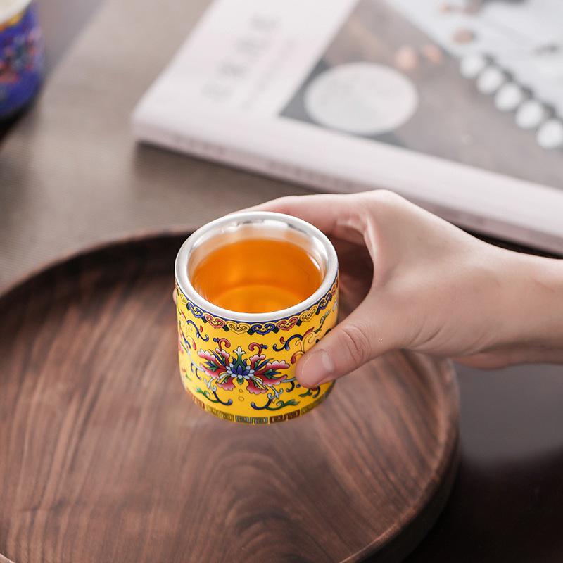 Elegant Hand-Painted Gilded Silver Teacup with Enamel, Gift Box & Bag