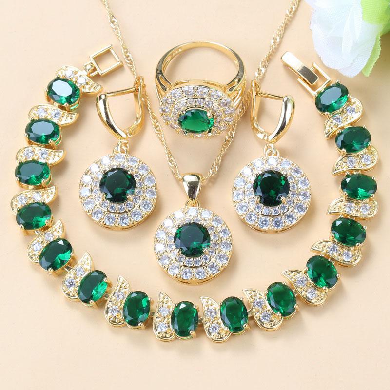 Simple Round Bridal Four-Piece Suit White Zircon Crystal Gold Color Women Jewelry Sets Dangle Earrings/Bracelet/Ring 6-Colors