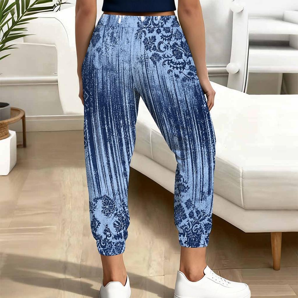 Women Plus Size White Abstract Printed Jogger Pants Drawstring Waist Side Pockets Cuffed Ankle