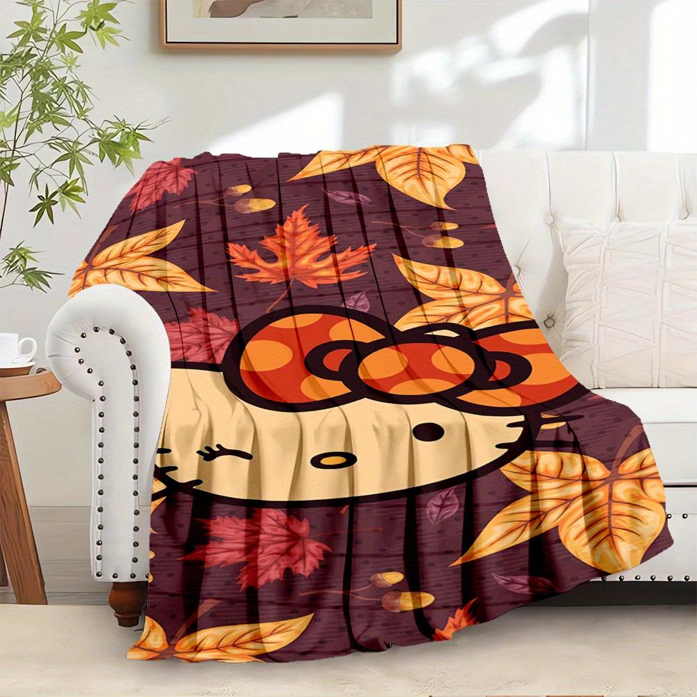

For Hello Kitty, Autumn Leaves, BowAnime-Themed Flannel Blanket, Glam Style, Digital Print, All-Season Comfort, Tear-Resistant, Knitted Craf 130x150cm